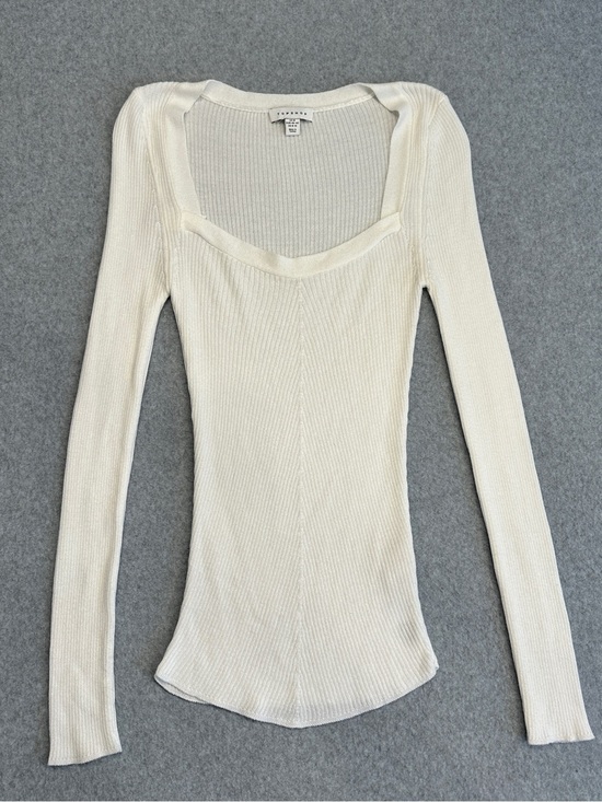 Topshop Tops - Topshop Cream Ribbed Square-Neck Long Sleeve Top